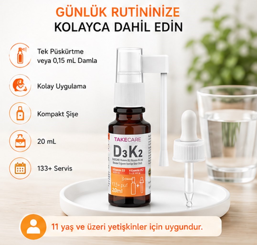 TAKECARE Vitamin D3, Vitamin K2 ve Vitamin E İçeren Takviye Edici Gıda 20ml Sprey ve Damla