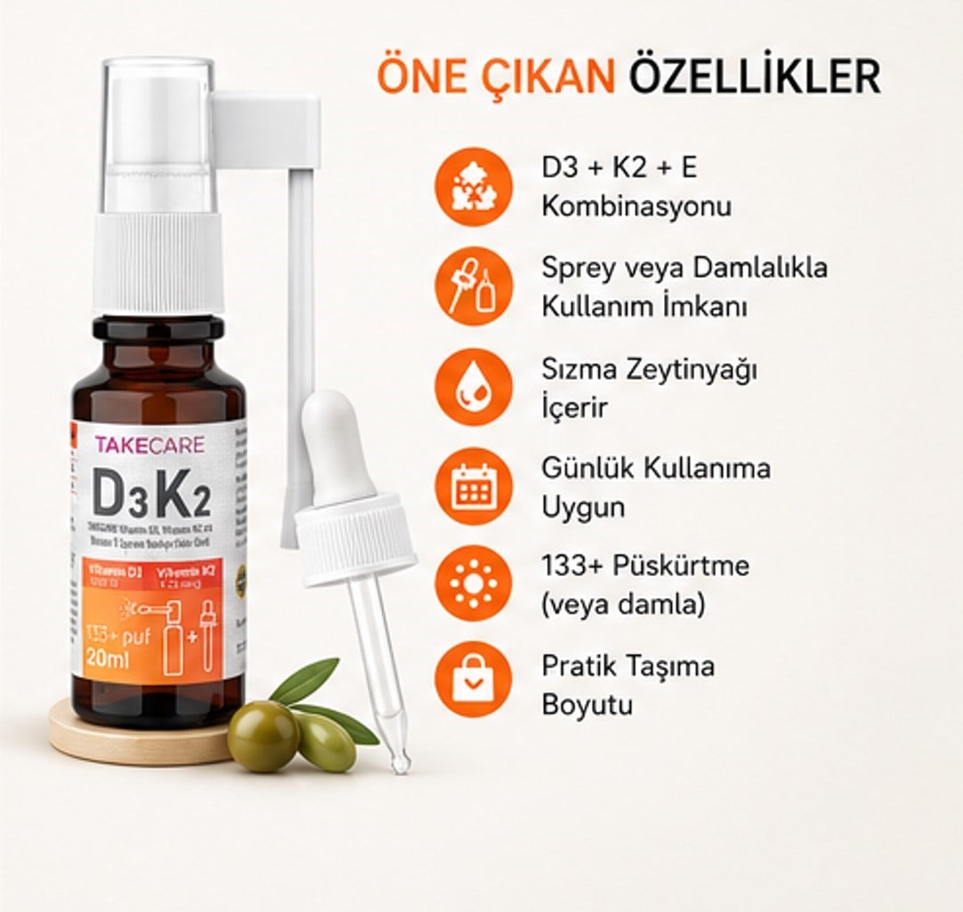 TAKECARE Vitamin D3, Vitamin K2 ve Vitamin E İçeren Takviye Edici Gıda 20ml Sprey ve Damla