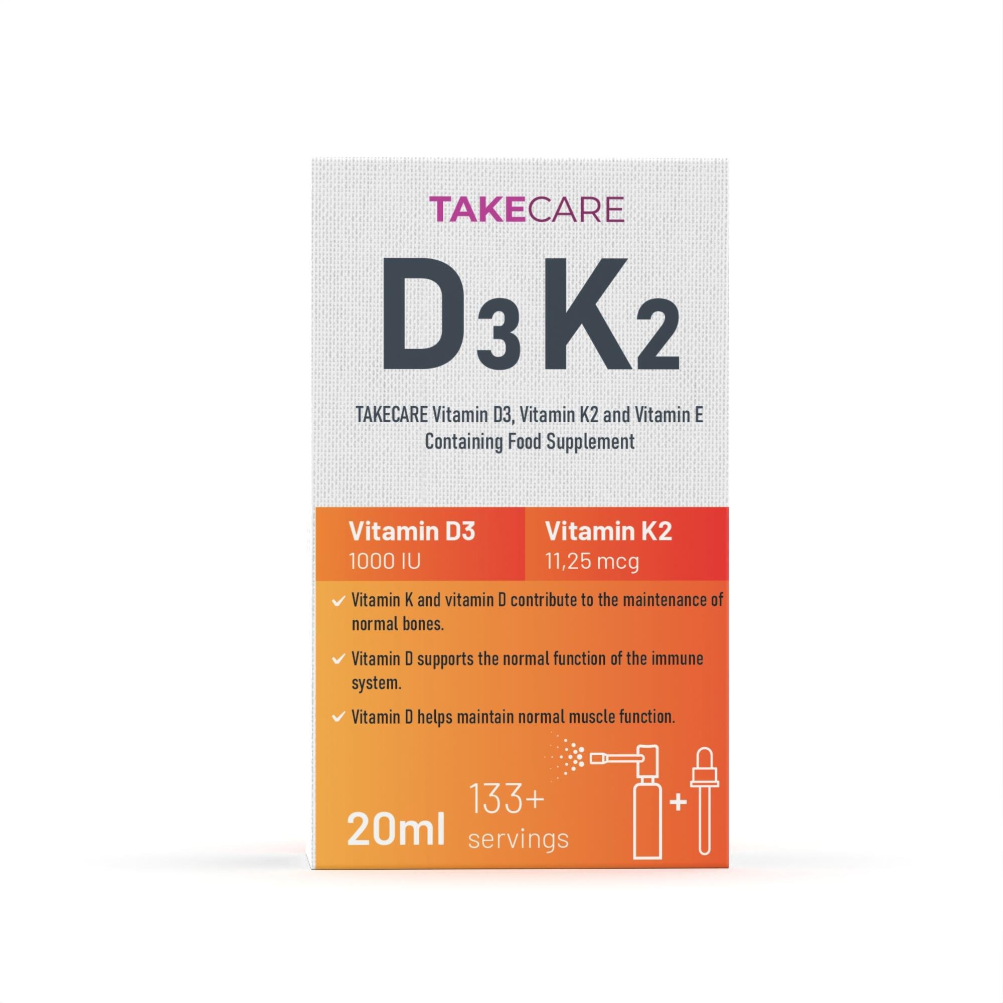TAKECARE Vitamin D3, Vitamin K2 ve Vitamin E İçeren Takviye Edici Gıda 20ml Sprey ve Damla