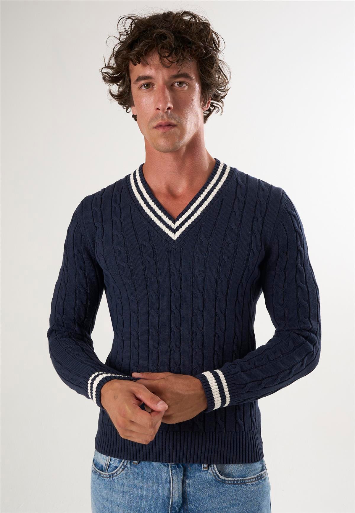 V Yaka Basic Örgü Desenli KazakFelix HardyFHMPLV857-1