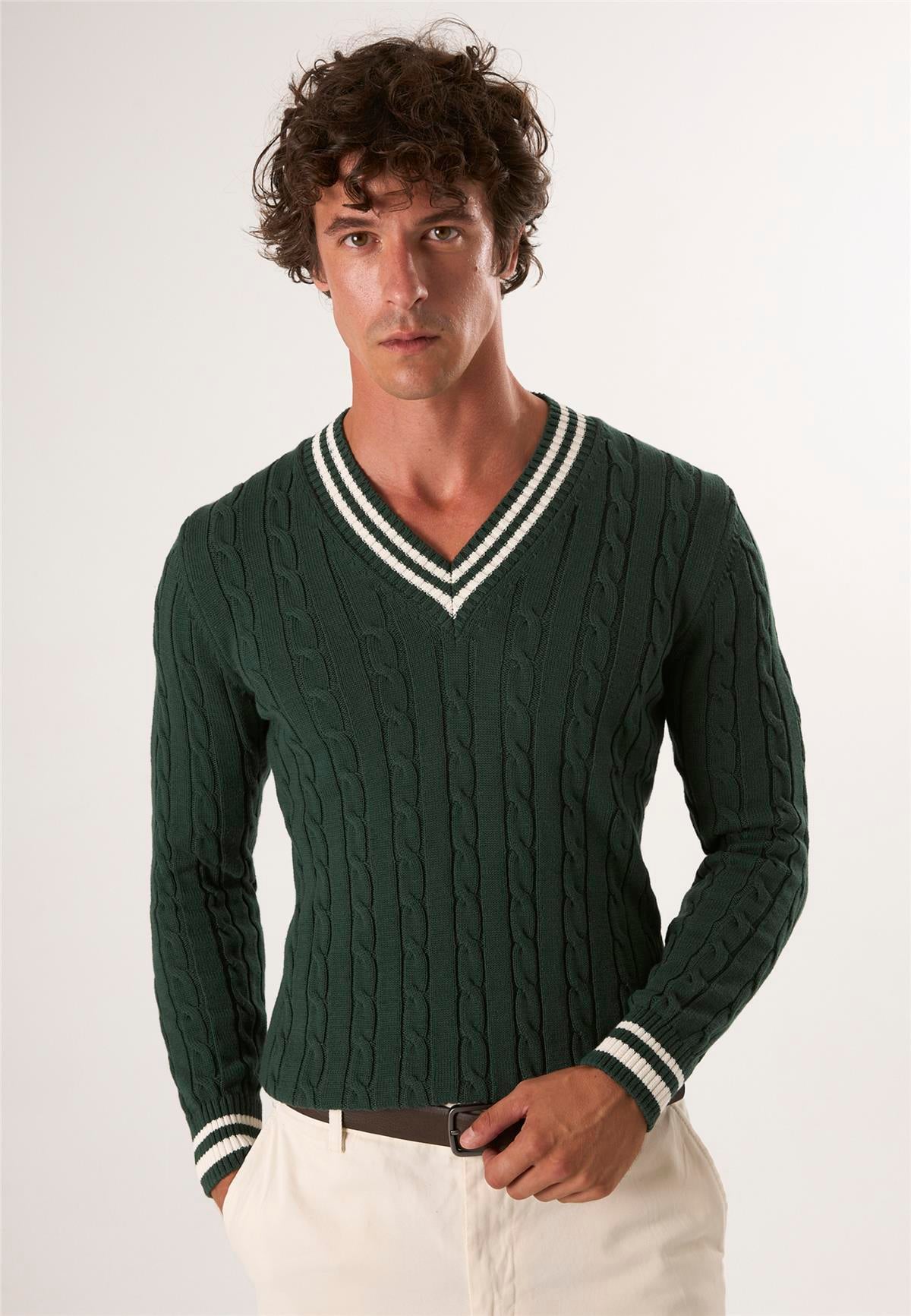 V Yaka Basic Örgü Desenli KazakFelix HardyFHMPLV857-2