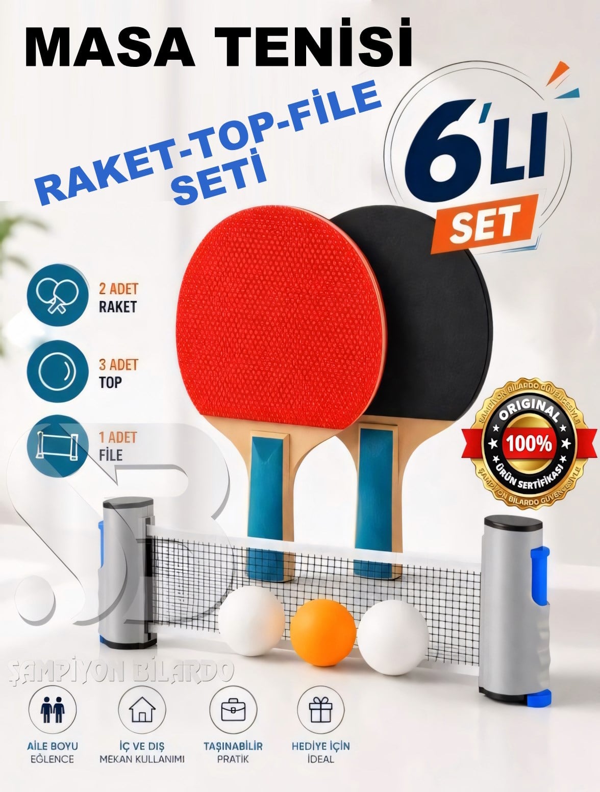 MASA TENİSİ OYUN SETİ (2 RAKET + FİLE + 3TOP)