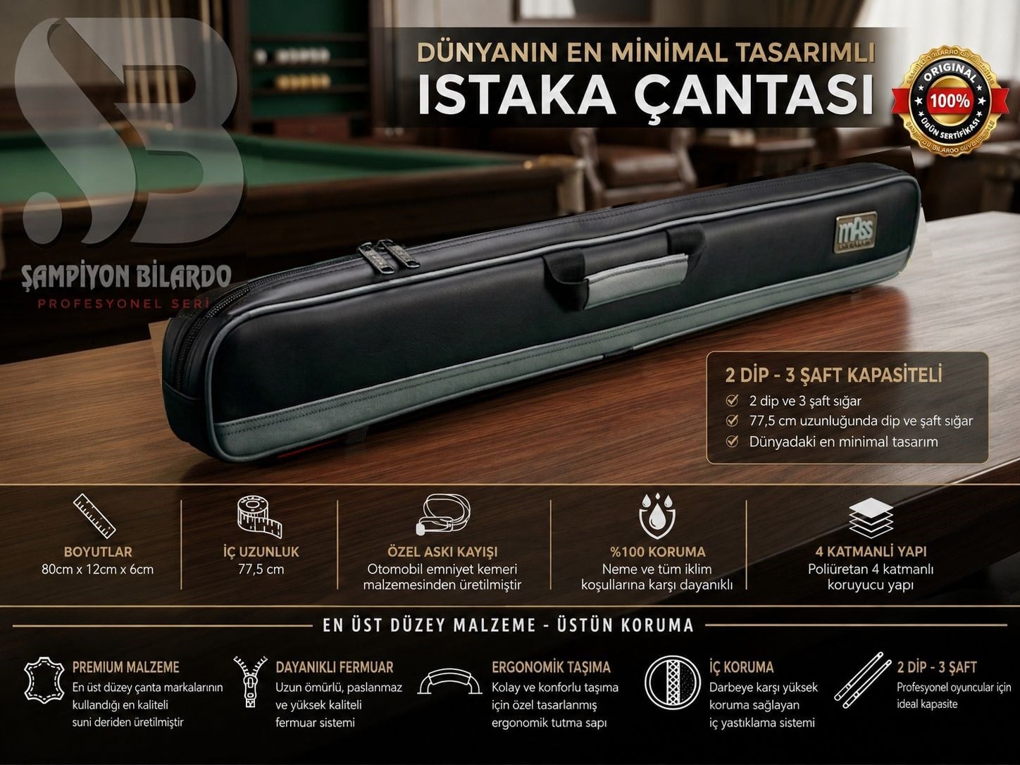 ŞAMPİYON MASS PREMIUM PROFESYONEL BİLARDO ISTAKA ÇANTASI SİYAH - GRİ (2X3)