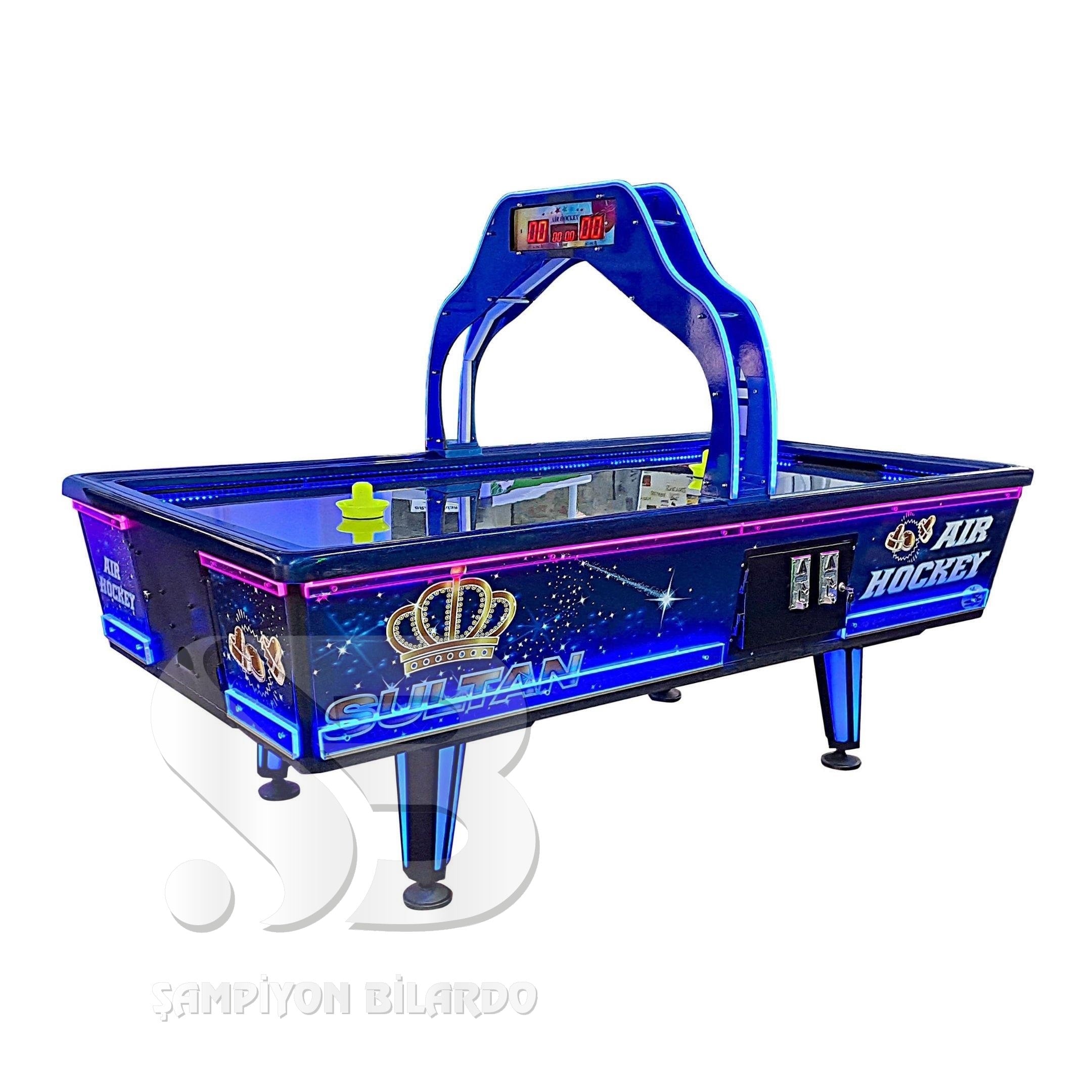 SULTAN MODEL AİRHOCKEY (KROM SAC ZEMİN) (KÜPEŞTE İÇ VE DIŞ KENARLAR-GÖVDE VE AYAKLAR LEDLİ) (FİBERGLAS KÜPEŞTE) (ÜSTTEN ÇİFT YÖNLÜ SCOREBOARD)