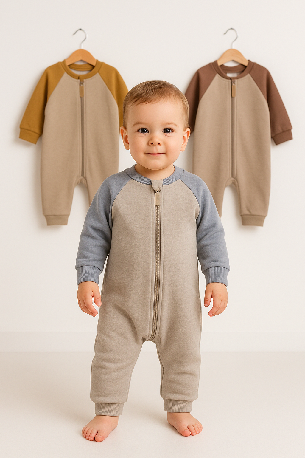 KD33347.Reglan Kol Fermuarlı  3İplik Tulum 3-6/6-9/9-12AY