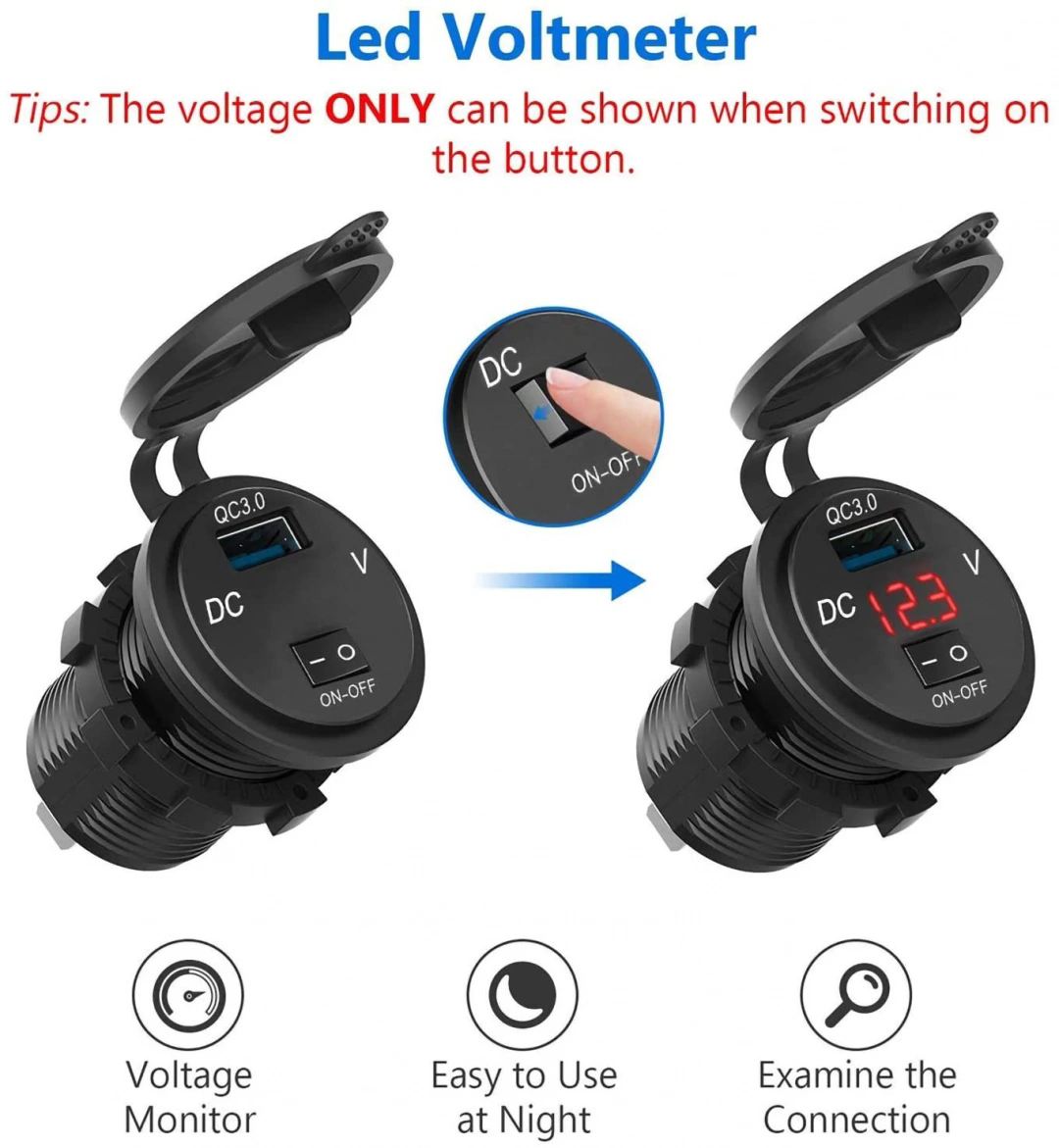 MELLİFERA USB priz soket QC3.0 araba şarjı 12V/24V Led'li dijital voltmetre ile On/Off anahtarı