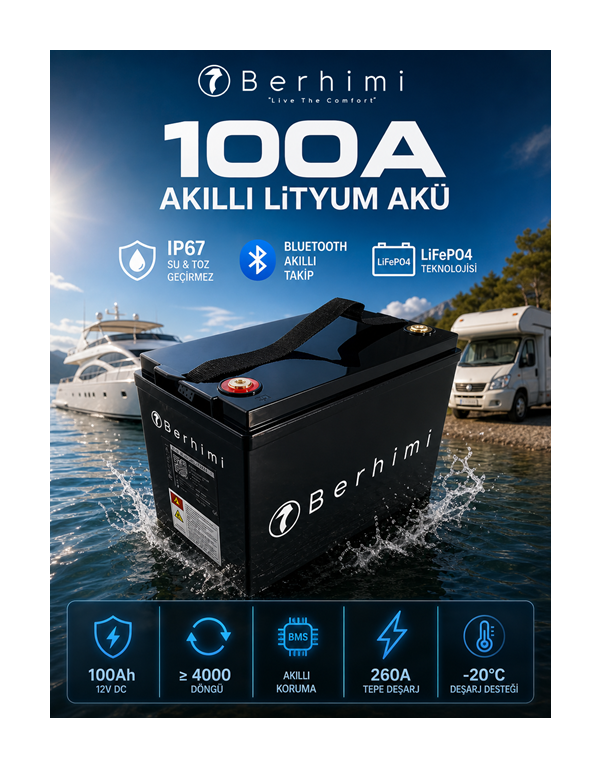 BERHİMİ 100A Smart Lityum Akü (Bluetooth)