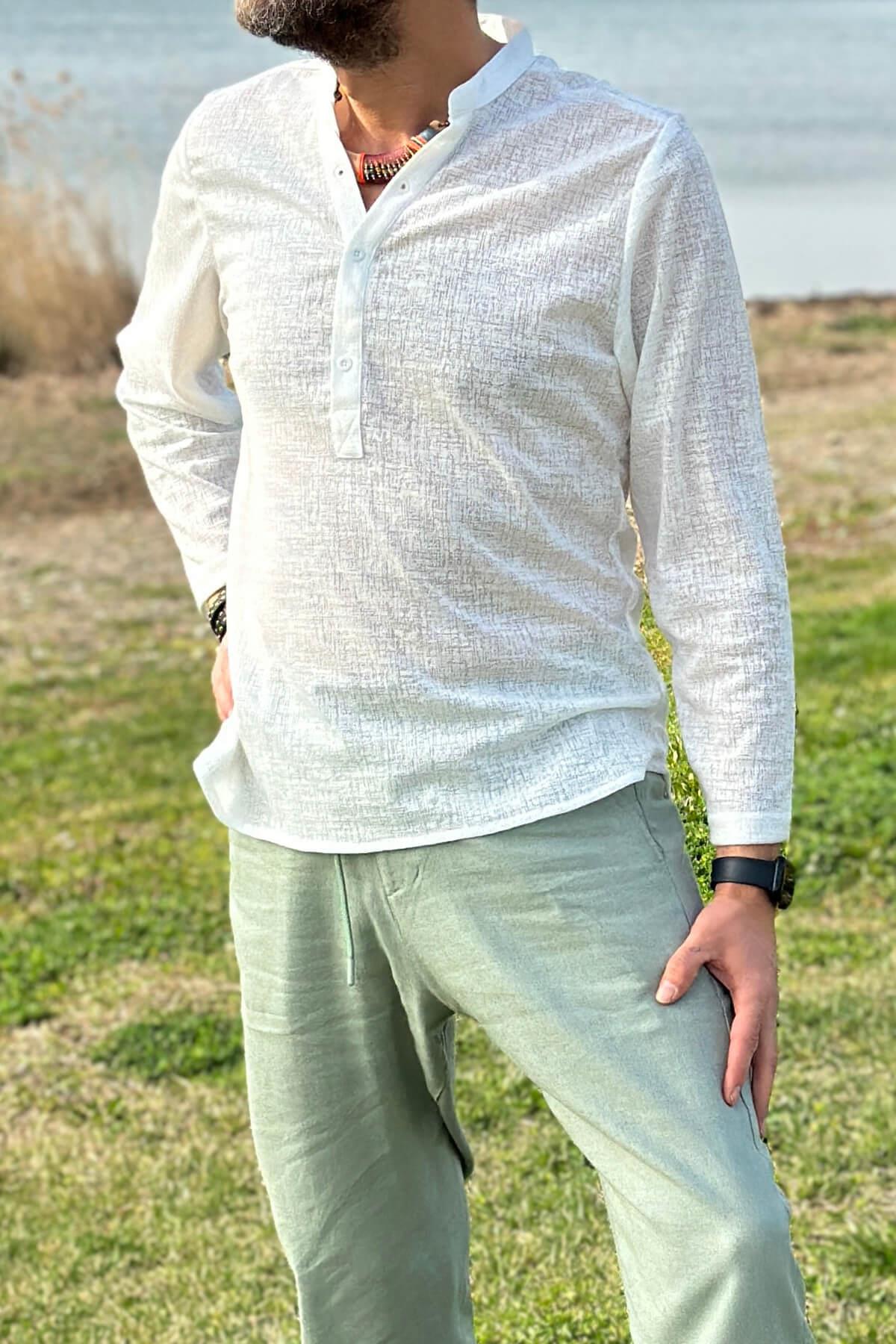 Kendinden Desenli Uzun Kol Gömlek Ekru