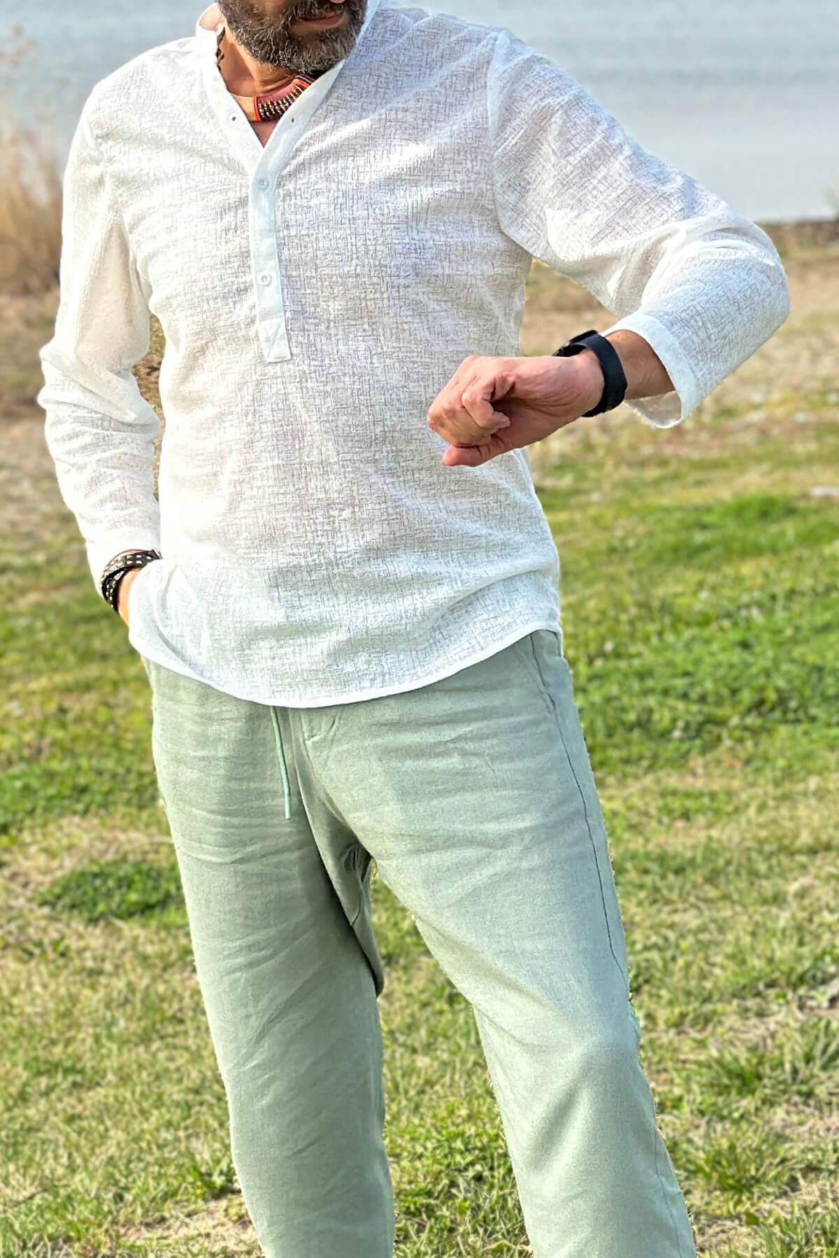 Kendinden Desenli Uzun Kol Gömlek Ekru