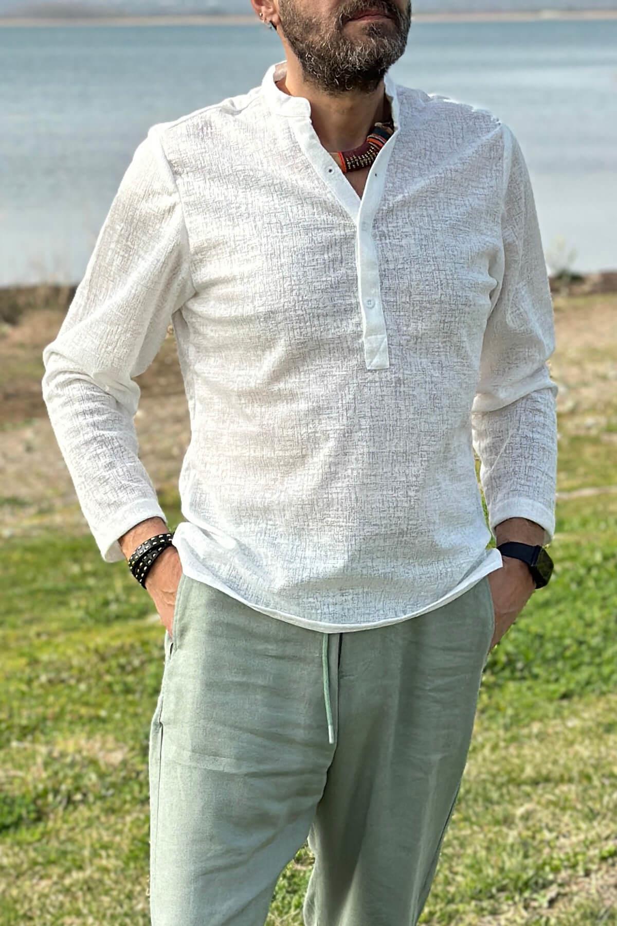 Kendinden Desenli Uzun Kol Gömlek Ekru