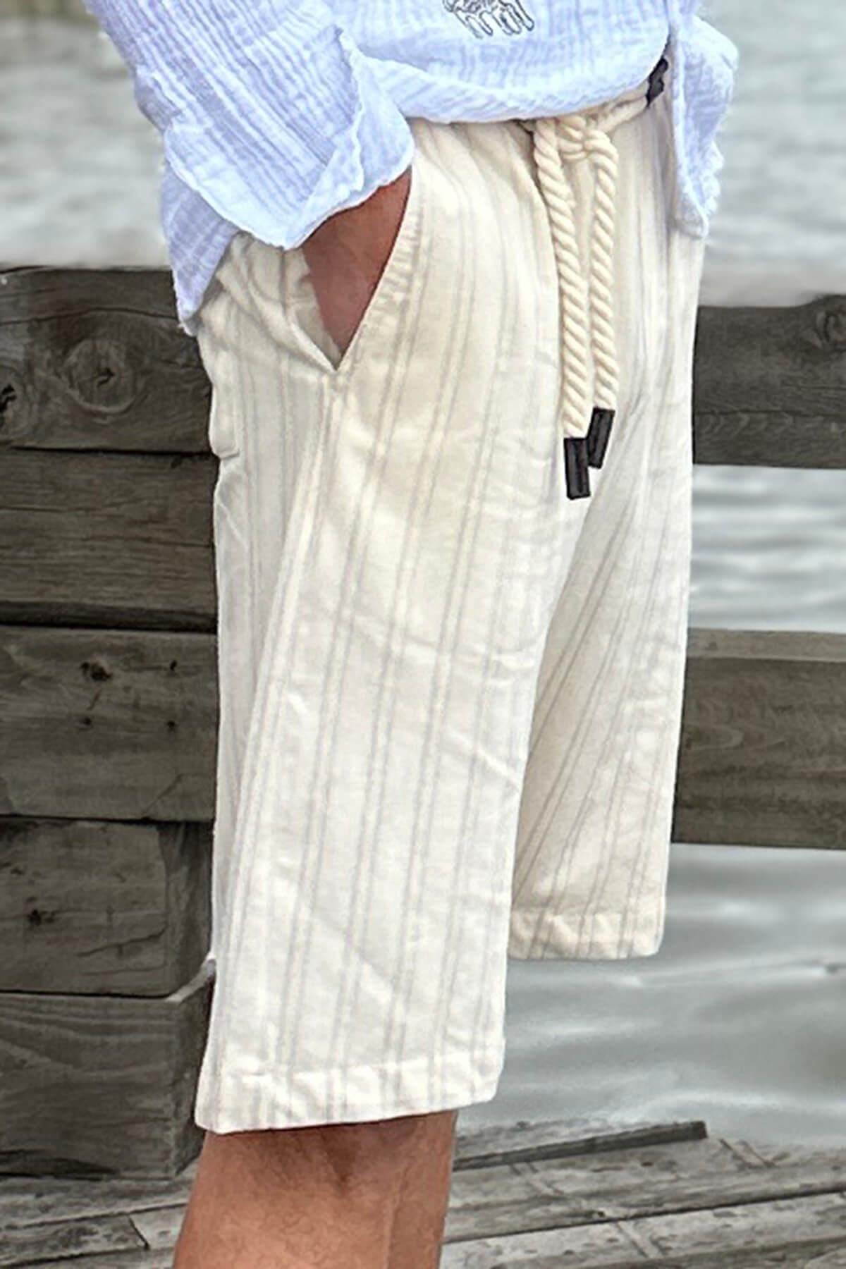 Kumaşı Kendinden Desenli Halat Kordonlu Şort Bej