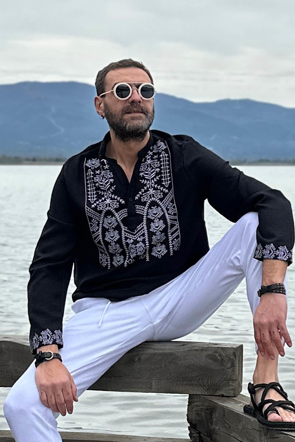 Önü ve Kol Ağzı Baskılı Kolyeli Gömlek Siyah