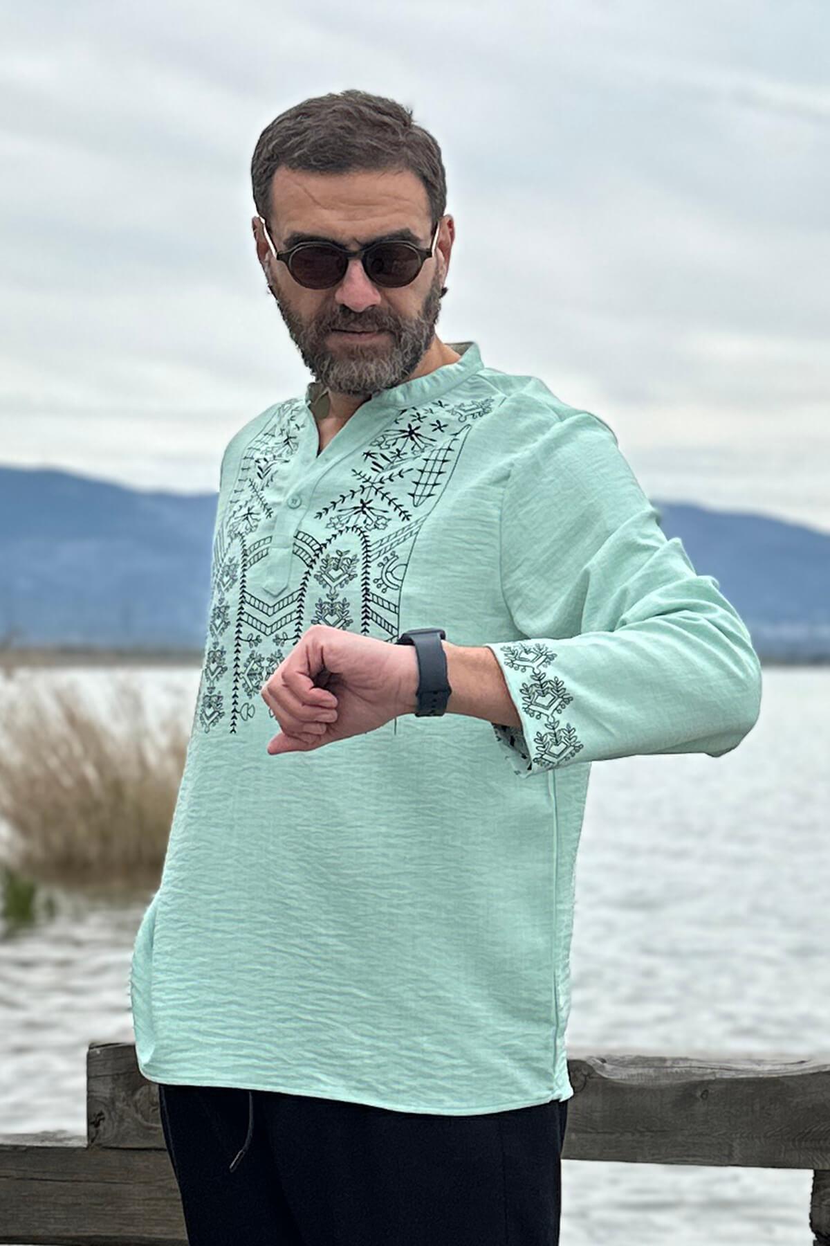 Önü ve Kol Ağzı Baskılı Kolyeli Gömlek Açık Yeşil