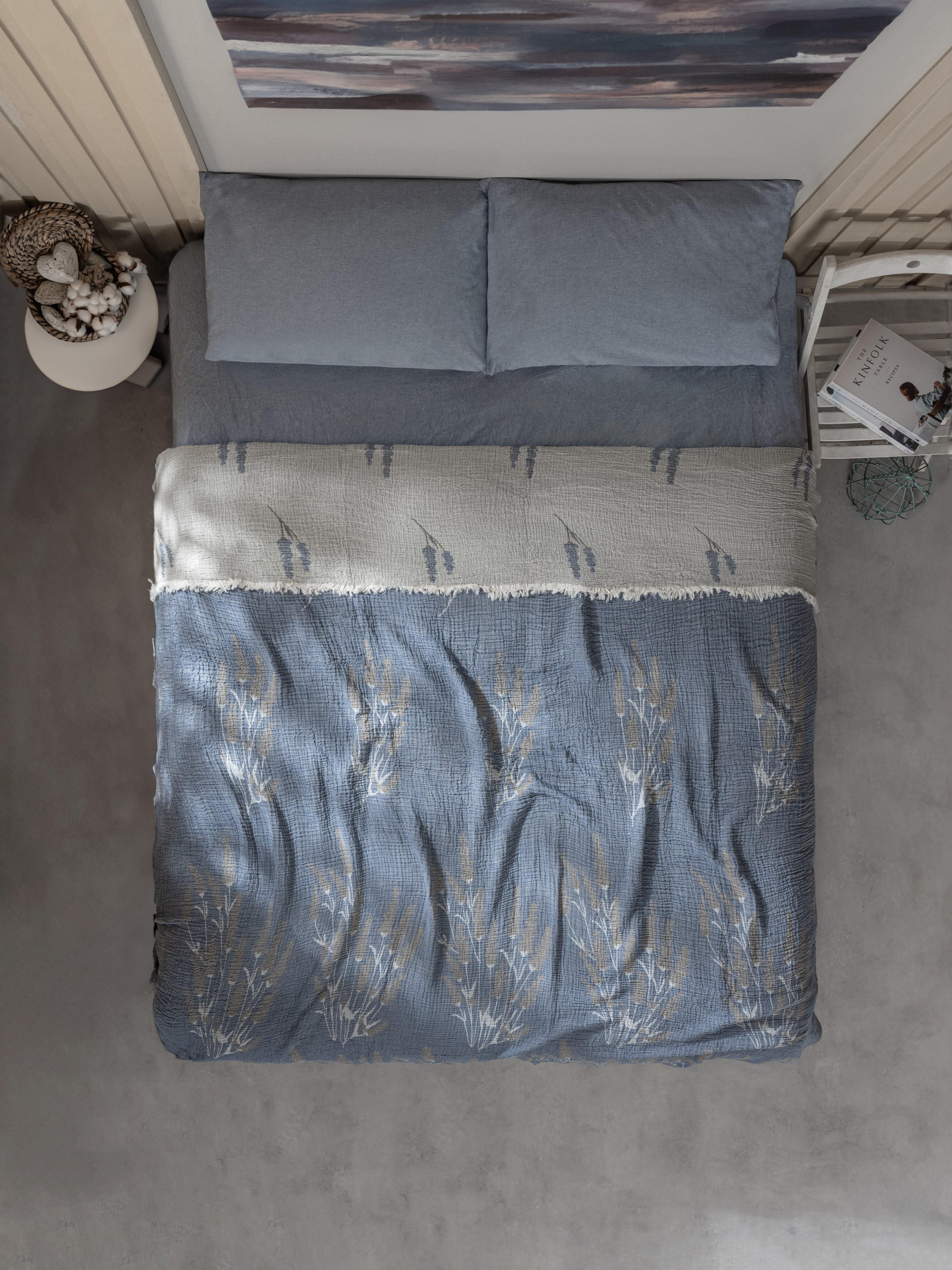 Müslin 4 Katlı Lavanta Desenli (Jakarlı) Yatak Örtüsü Çift Kişilik 220x240cm