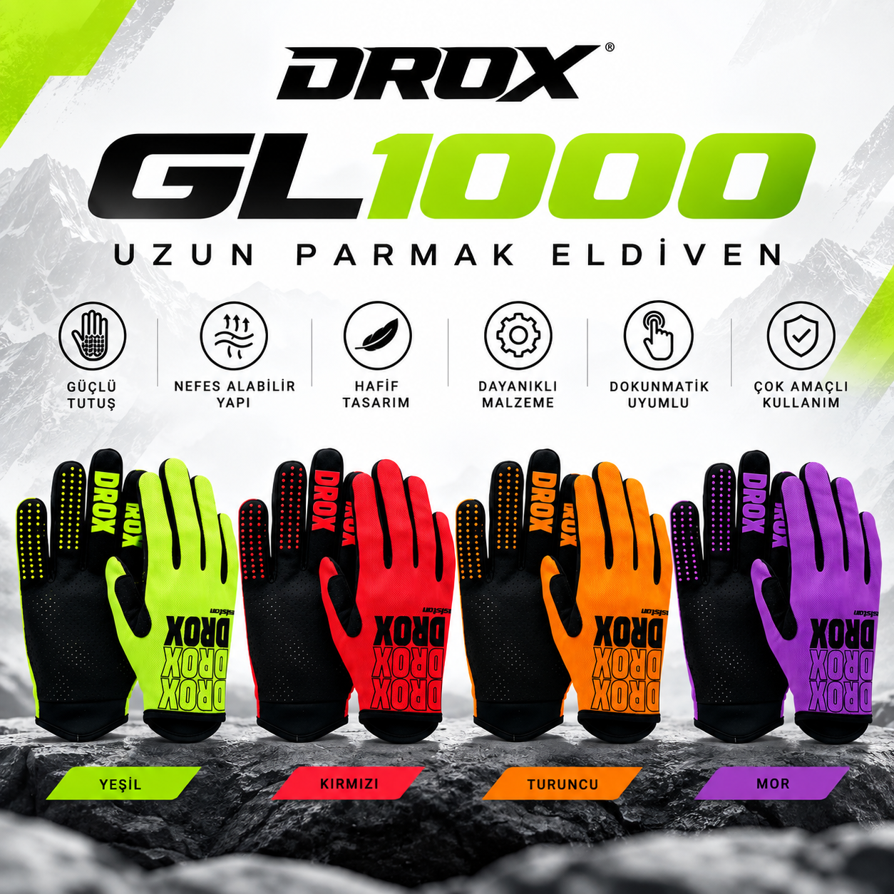 Asistan Drox GL1000 Uzun Parmaklı Bisiklet Eldiveni – Yeşil, Kırmızı, Turuncu, Mor – S, M, L, XL