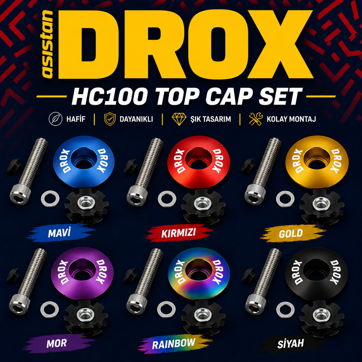 Asistan Drox HC100 Top Cap Set | Mavi, Kırmızı, Sarı ve Mor | Alüminyum Gidon Boğazı Üst Kapak Seti
