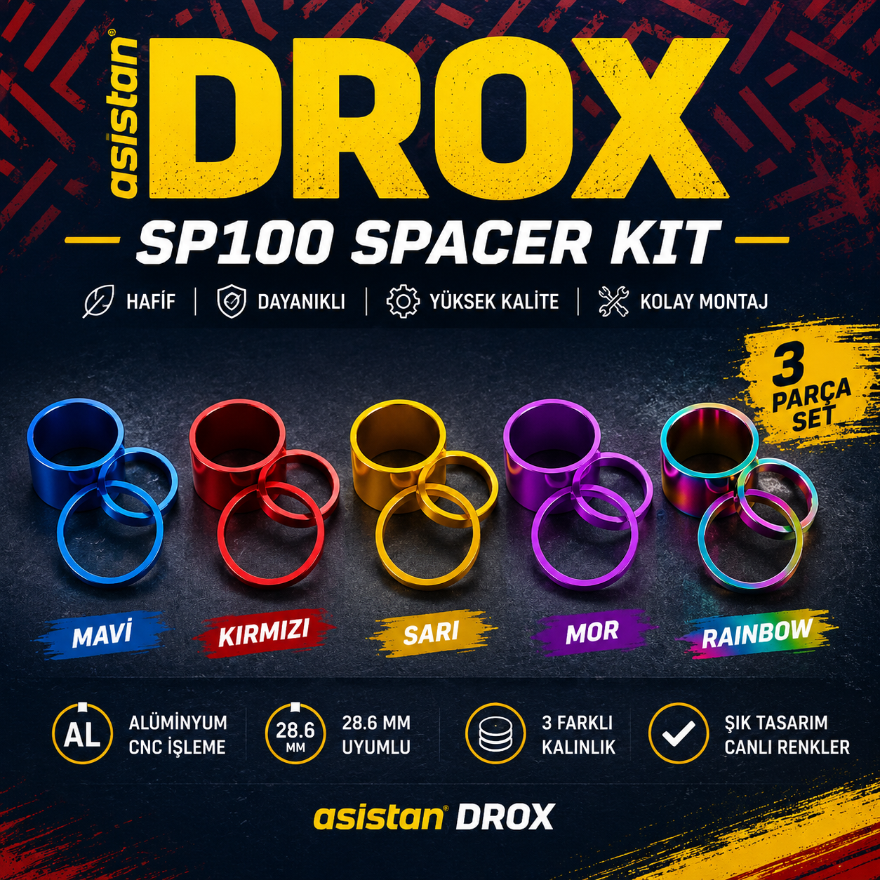 Asistan Drox SP100 Spacer Kit | Mavi, Kırmızı, Sarı, Mor ve Rainbow | Alüminyum Gidon Spacer Seti (3 Parça)