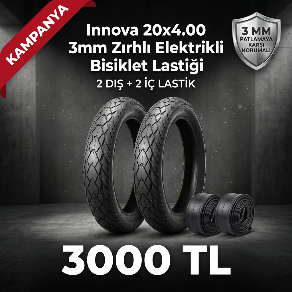 Innova 20x4.00 3mm Zırhlı Elektrikli Bisiklet Lastiği + İç Lastik Seti (2+2) – 3000 TL | Fat Bike Lastik