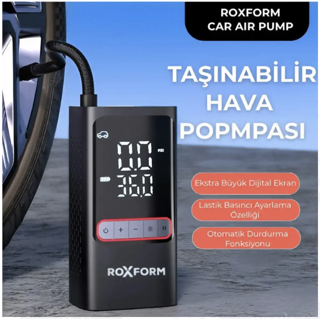 Roxform Car Air Pump | 80W Taşınabilir Araç Lastik Şişirme Pompası 150 PSI