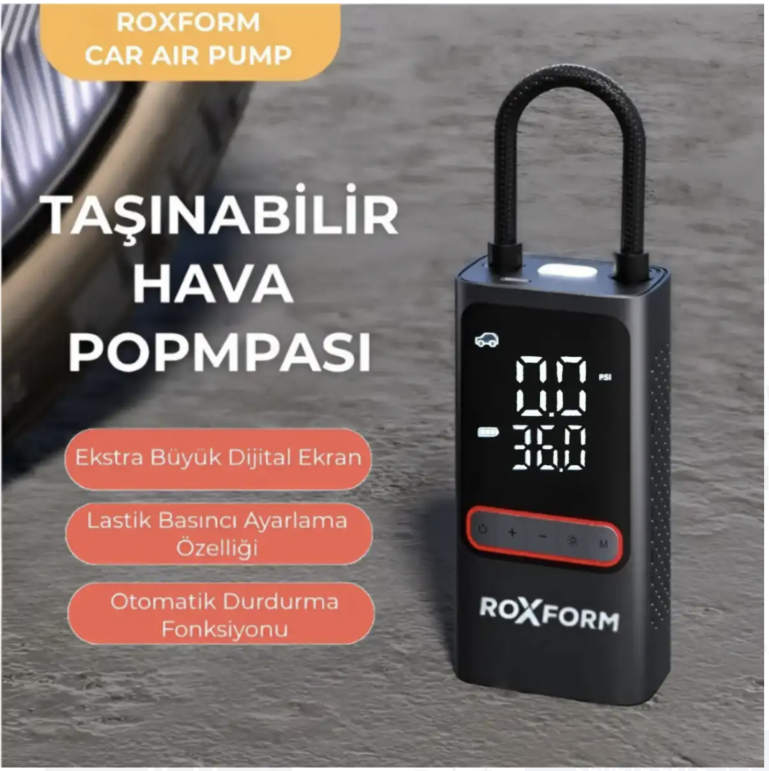 Roxform Car Air Pump | 80W Taşınabilir Araç Lastik Şişirme Pompası 150 PSI