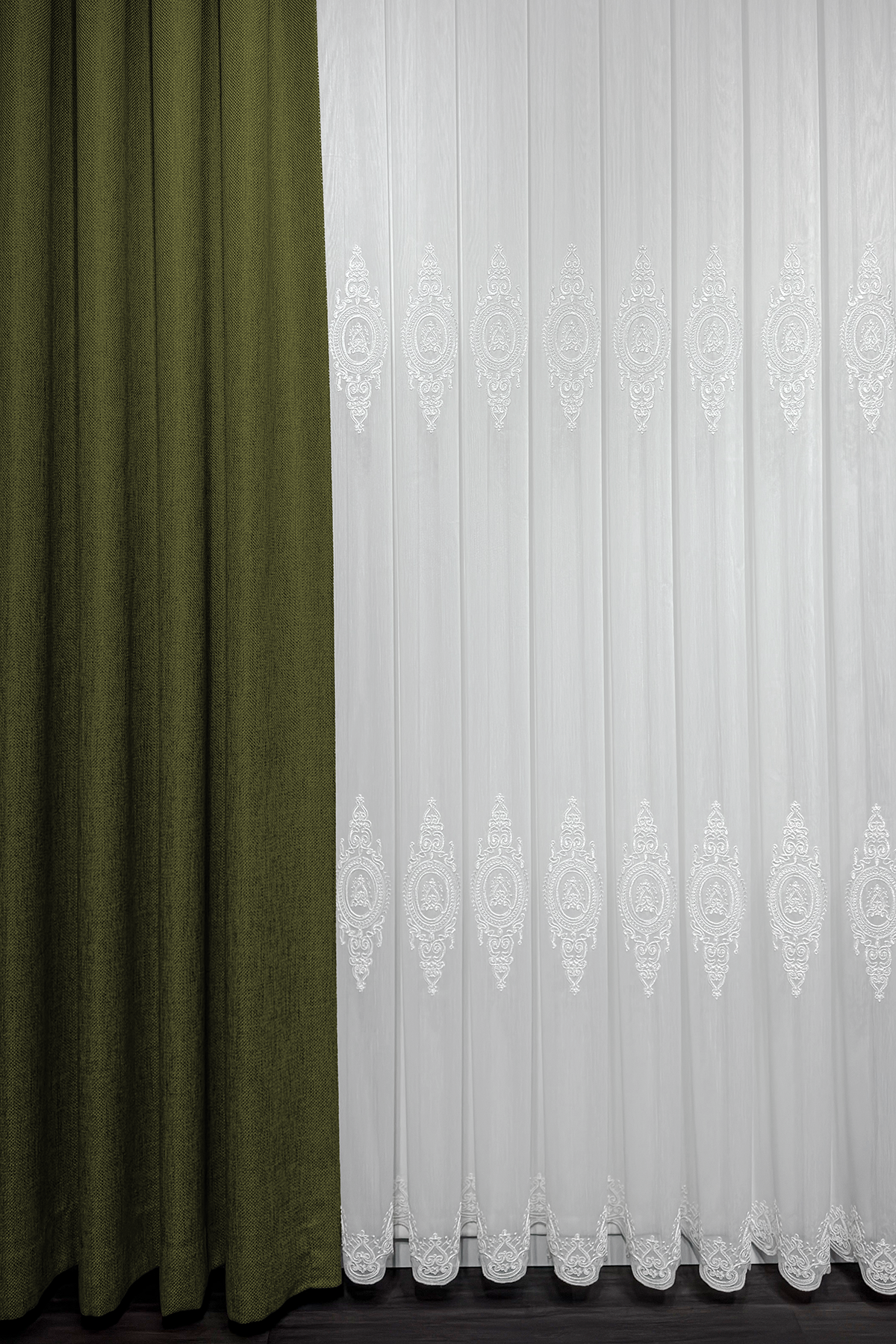 Bambu Serisi Madalyon Damask Desen Ekru Kordone Tül Perde