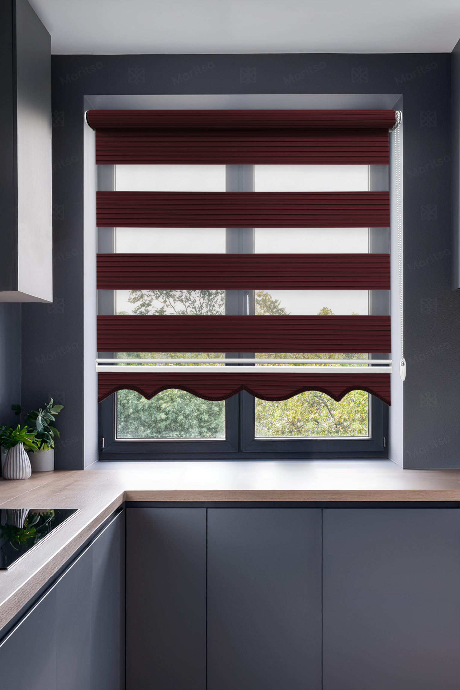 Geniş Plise Bordo Zebra Stor Perde