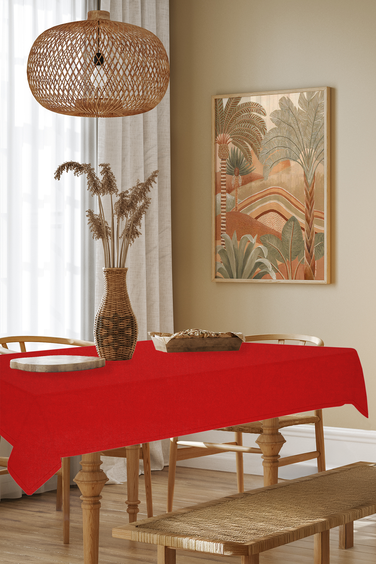 Kadife Dokulu Serisi Kırmızı Masa Örtüsü