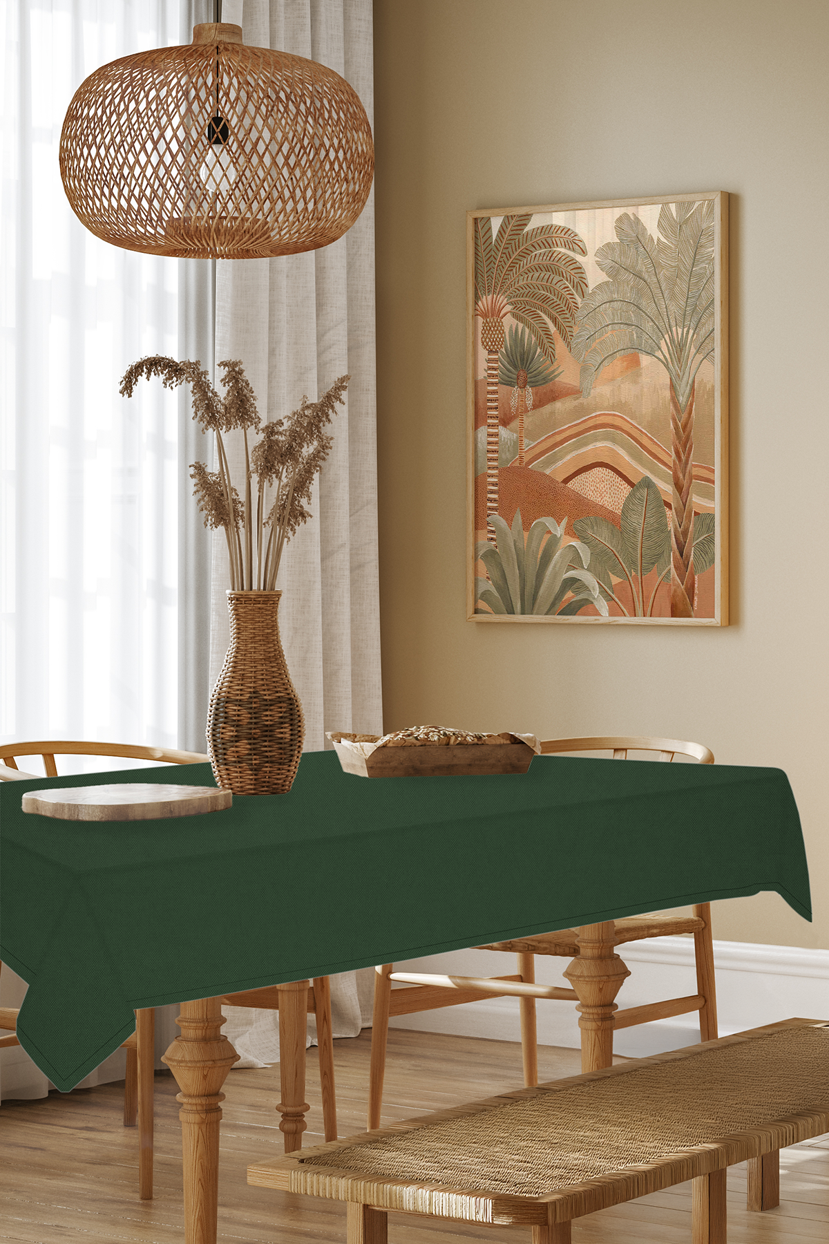 Kadife Dokulu Serisi Koyu Yeşil Masa Örtüsü