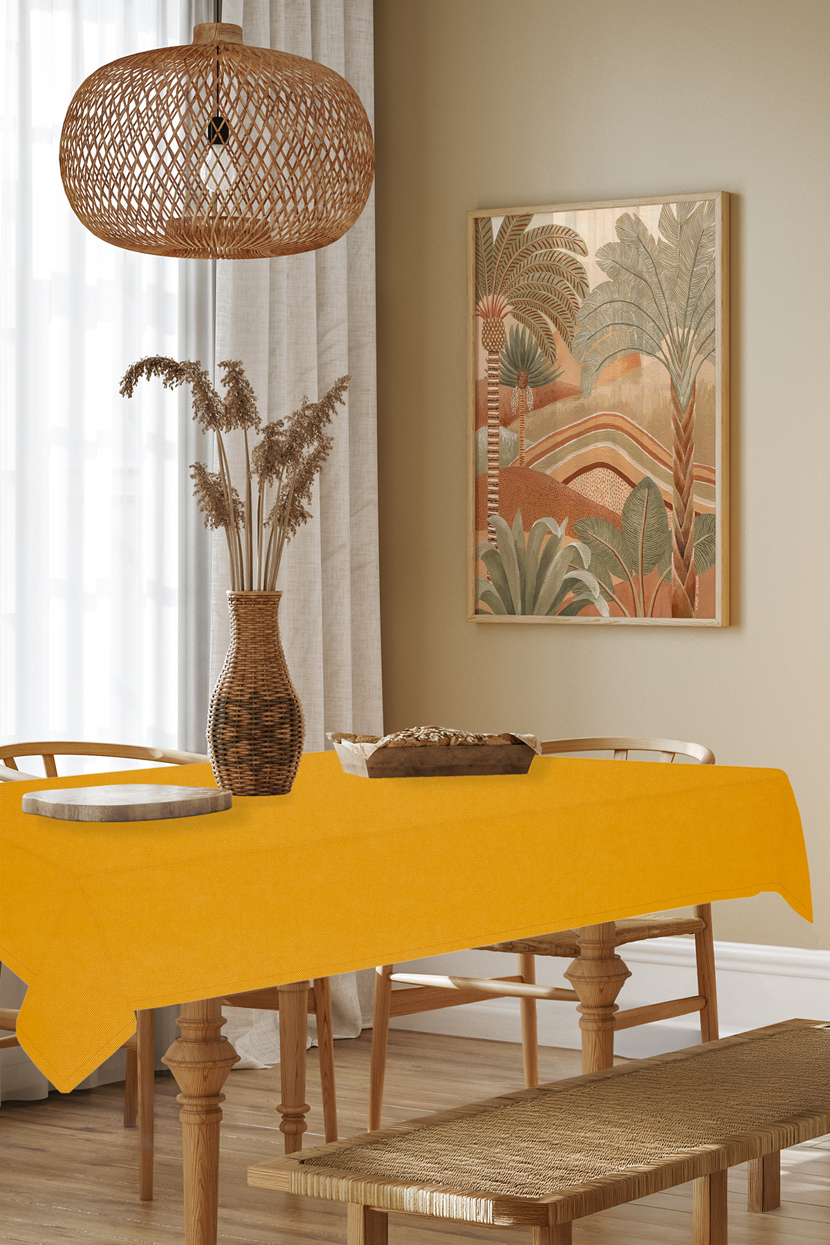 Kadife Dokulu Serisi Sarı Masa Örtüsü