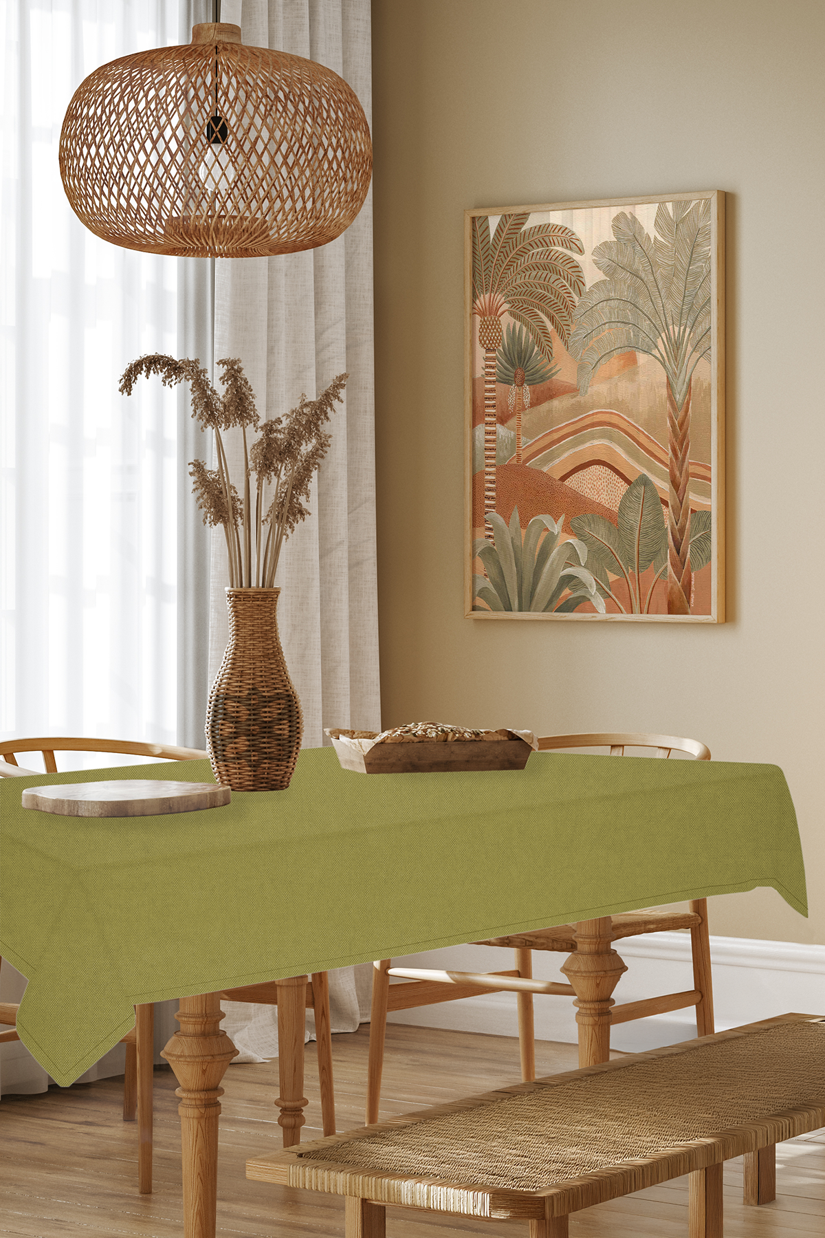 Kadife Dokulu Serisi Yağ Yeşili Masa Örtüsü