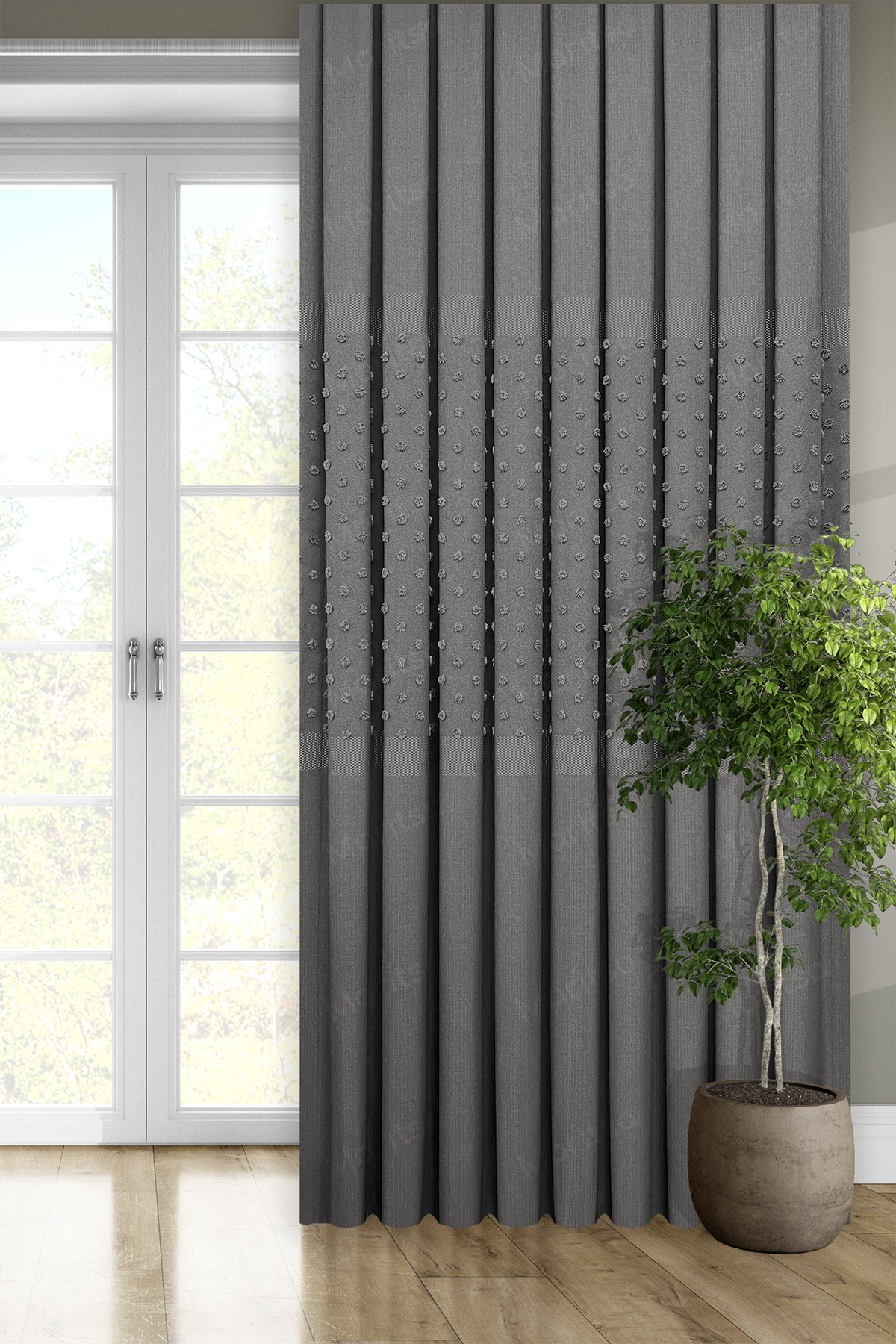 Keten Serisi Ponpon Desen Gri Pano Fon Perde