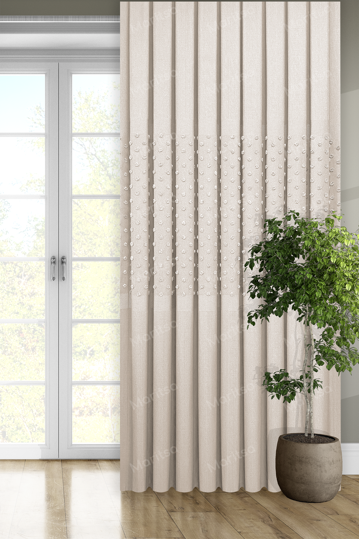 Keten Serisi Ponpon Desen Krem Pano Fon Perde