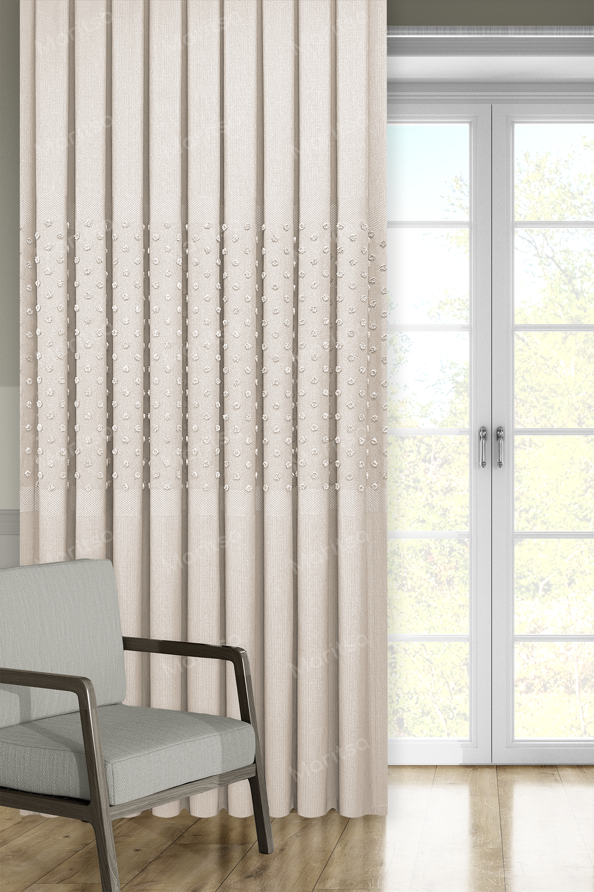 Keten Serisi Ponpon Desen Krem Pano Fon Perde