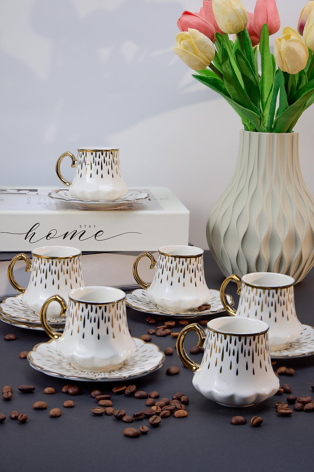 Lüks Porselen Türk Kahve Fincan Takımı – 6 Kişilik, 90 ml, Altın Detaylı, 12 Parça - Yaren Style