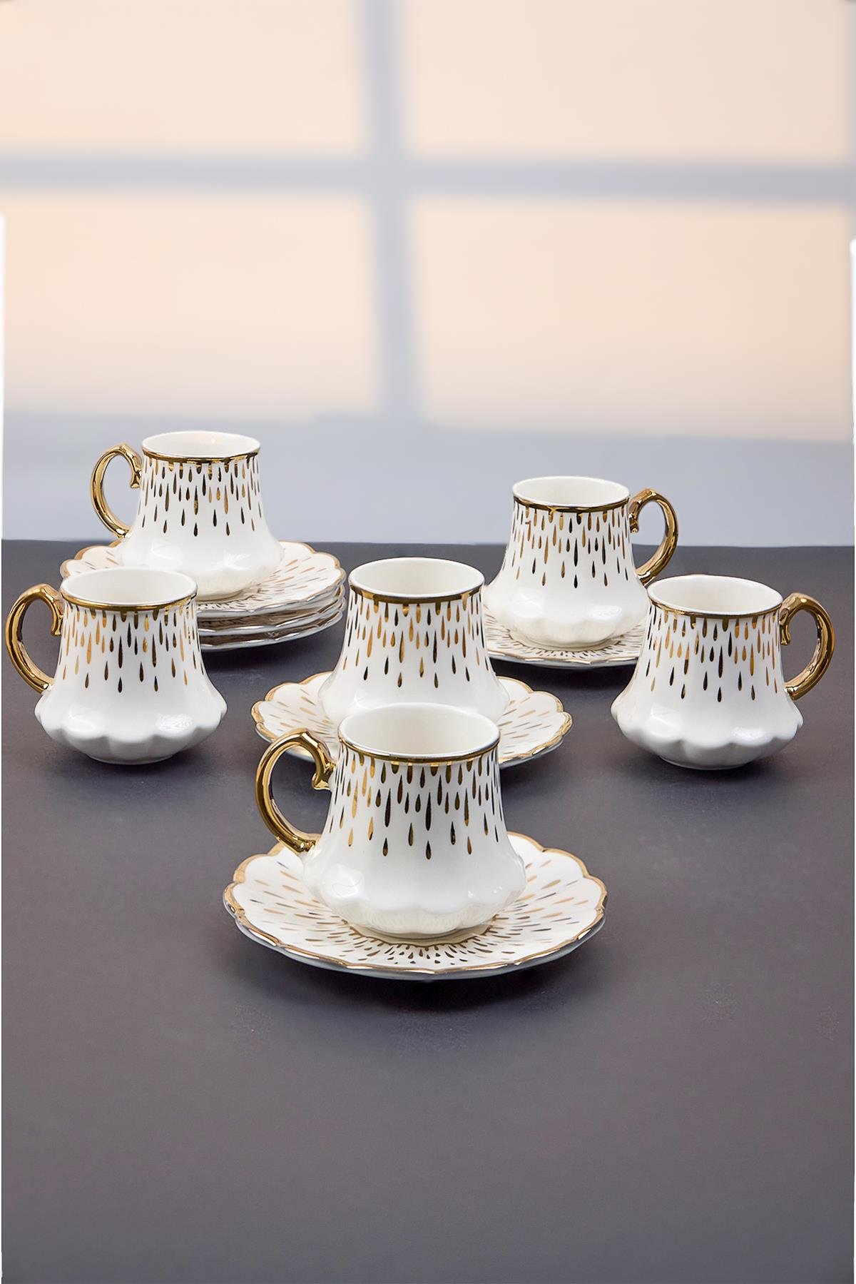 Lüks Porselen Türk Kahve Fincan Takımı – 6 Kişilik, 90 ml, Altın Detaylı, 12 Parça - Yaren Style