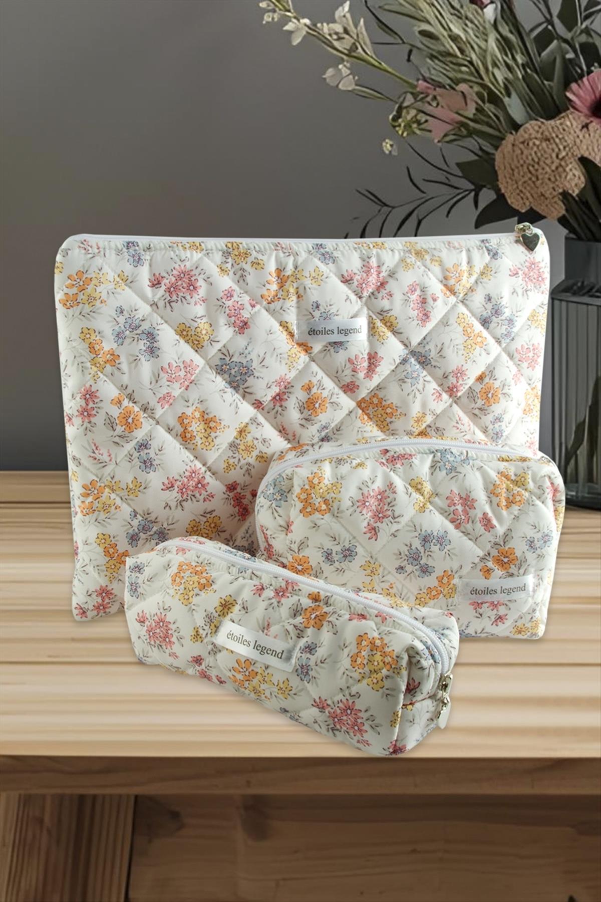 Çiçek Desenli Kalem Makyaj Labtop Bilgisayar Set Çantası