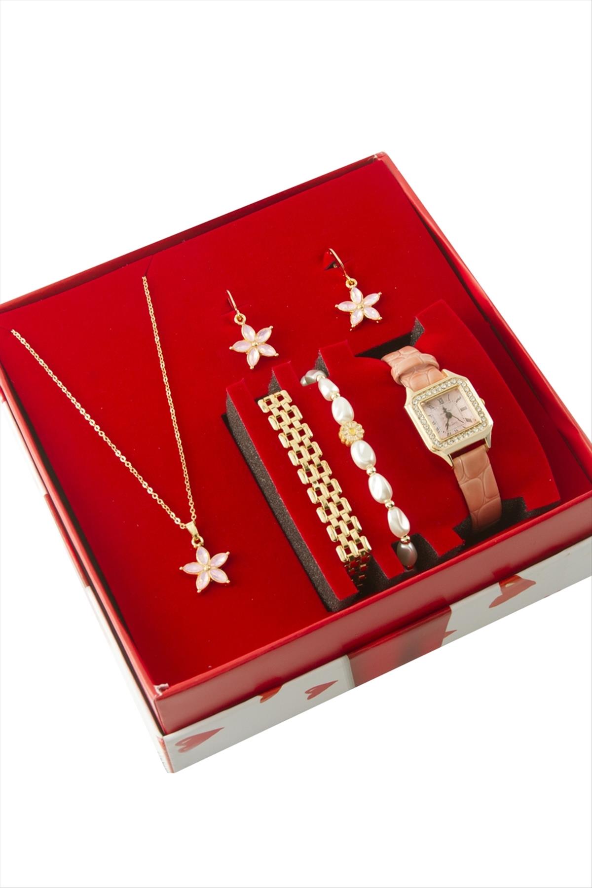 Çiçek Kayışlı Bayan Kol Saati ve Takı Seti Kombini