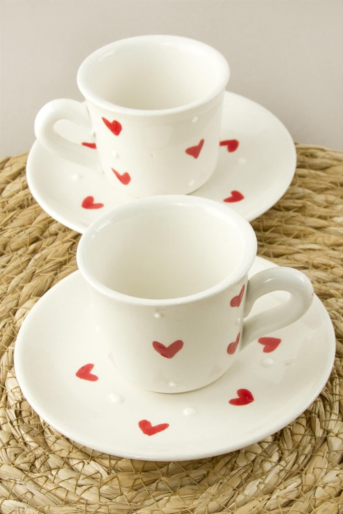 Kalp Desenli Seramik İkili Fincan Takımı