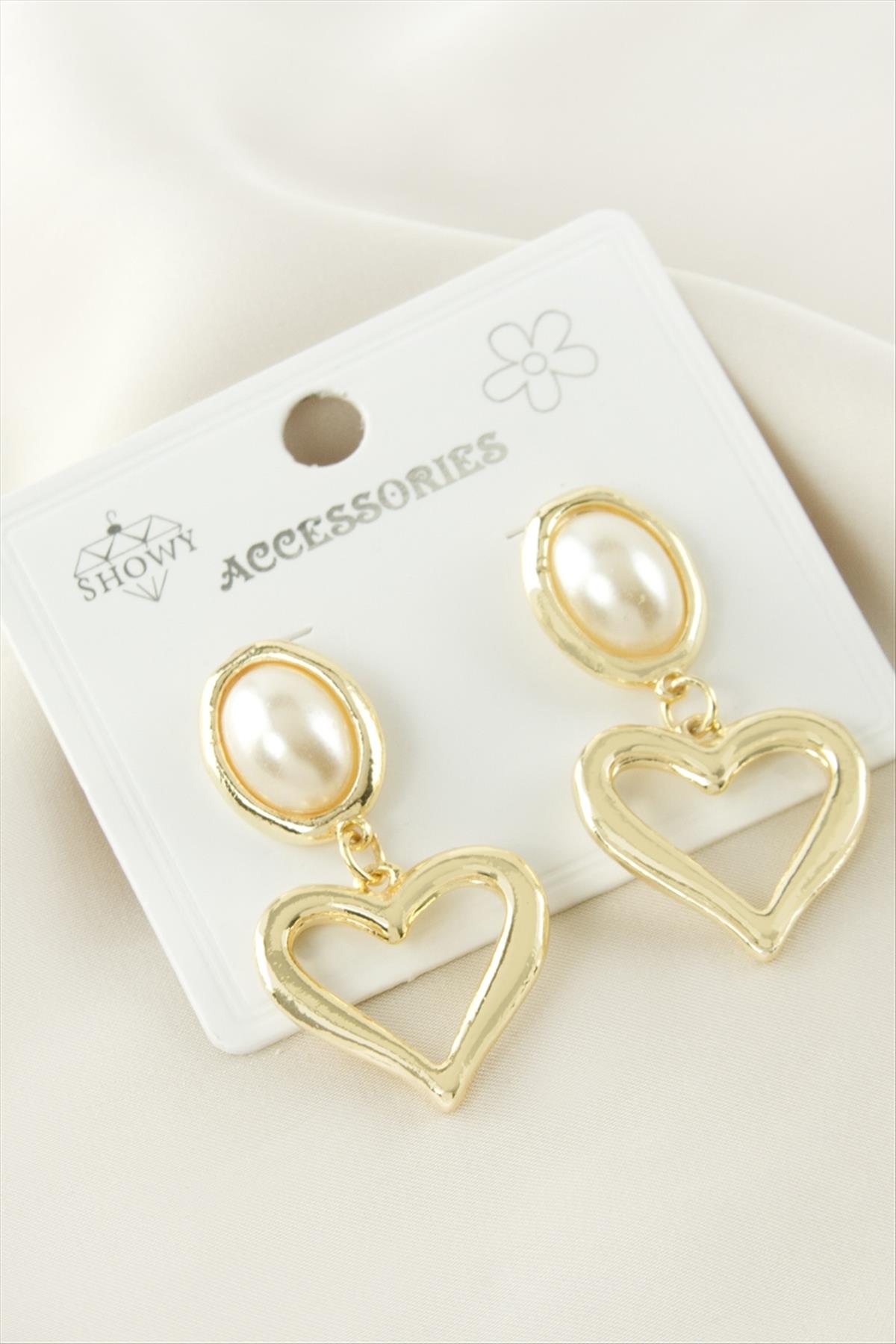 Kalp Metal İnci Küpe