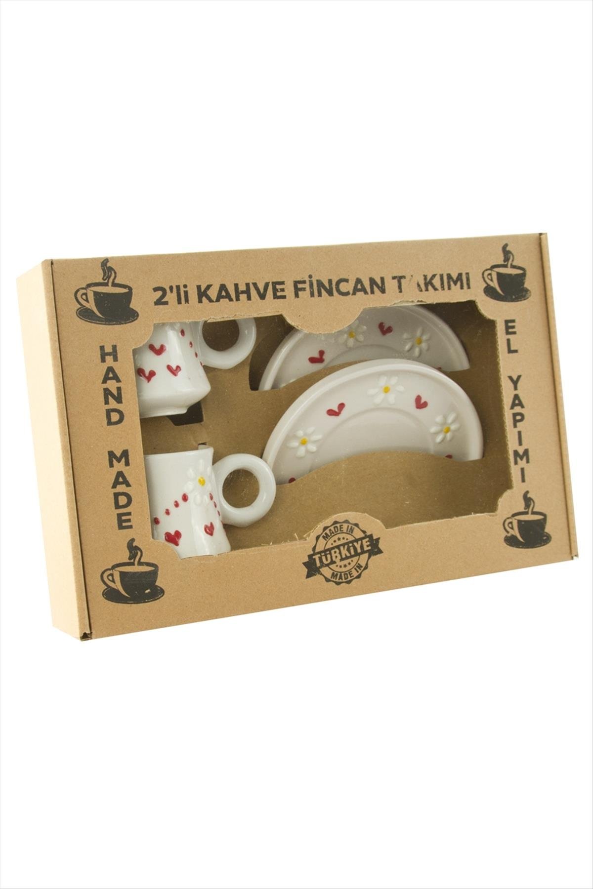Kalp Papatya Desenli Seramik İkili Fincan Takımı