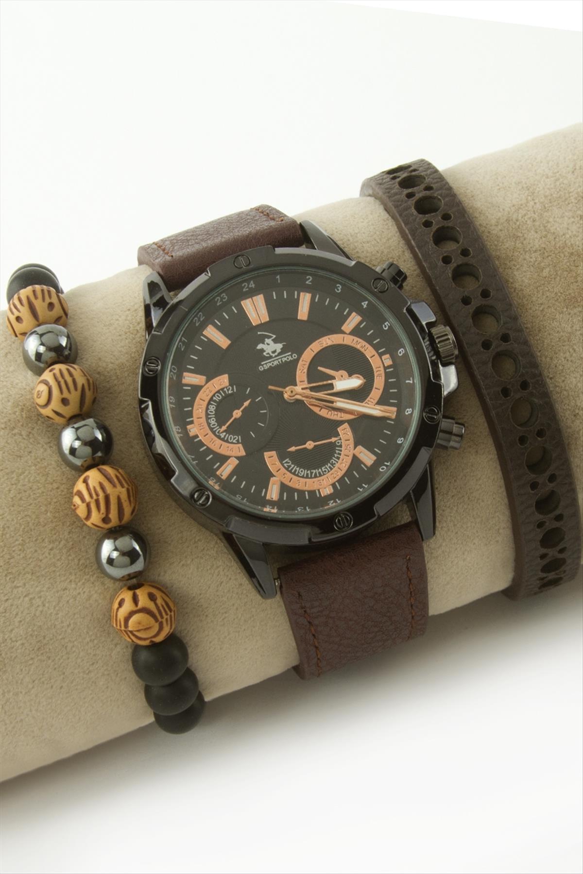 Kayışlı Erkek Kol Saati ve Bileklik Kombini