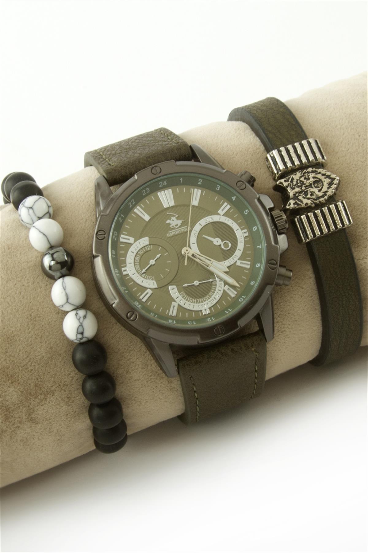 Kayışlı Erkek Kol Saati ve Bileklik Kombini