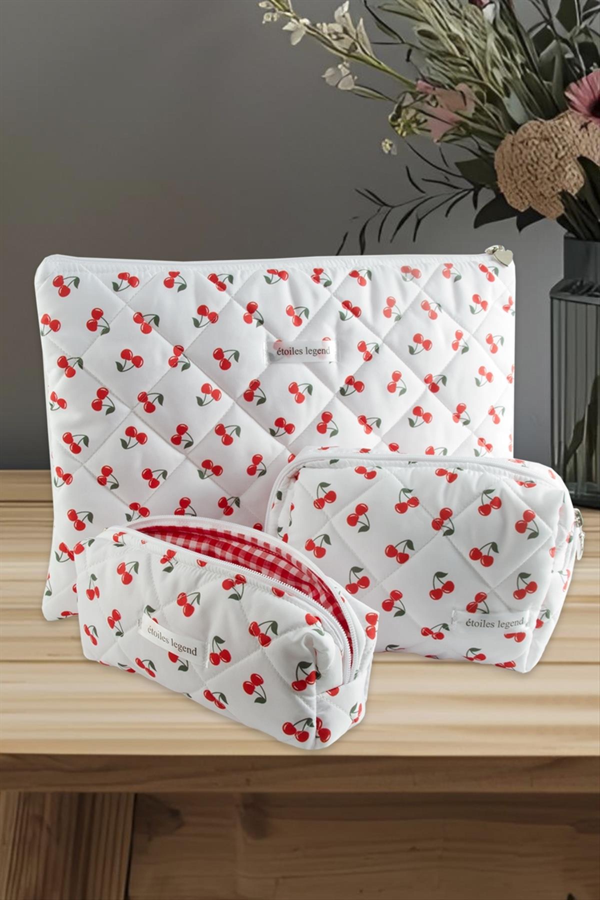Kiraz Desenli Kalem Makyaj Labtop Bilgisayar Set Çantası