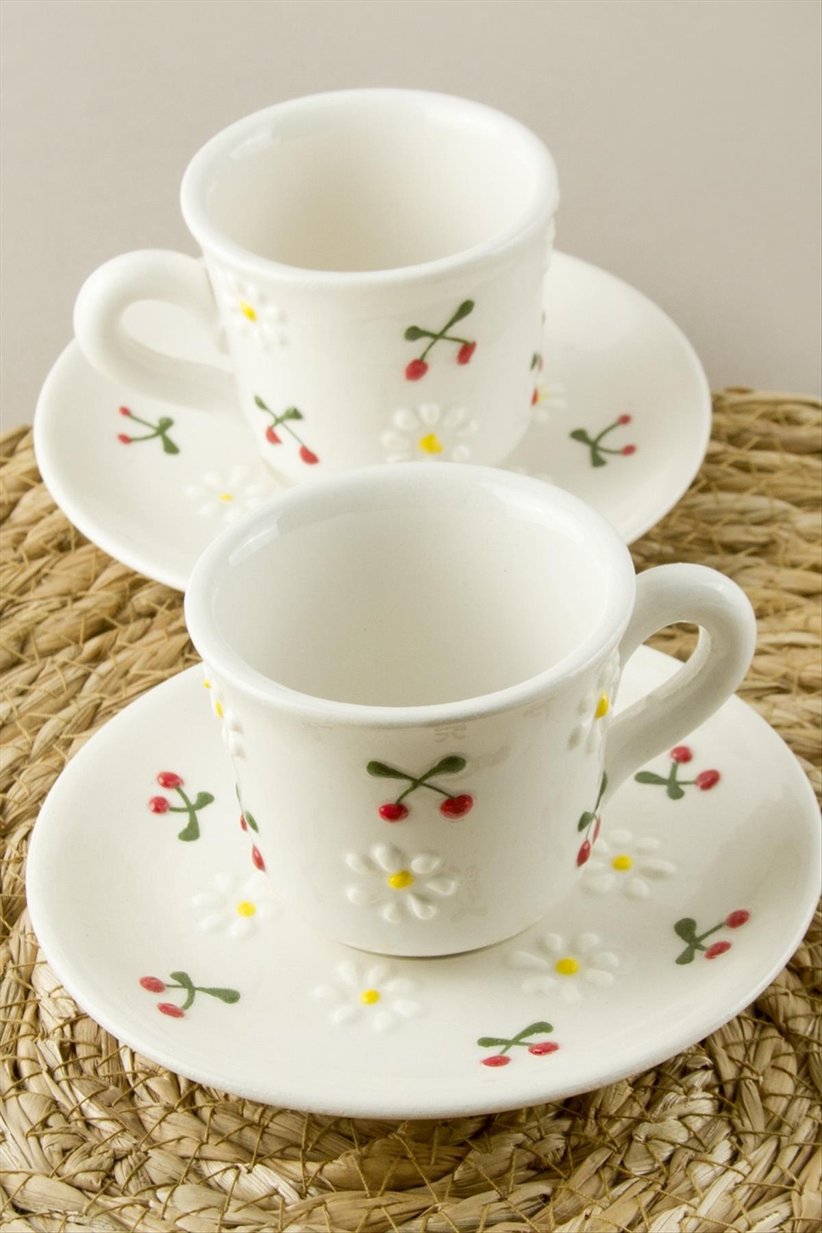 Papatya Kiraz Desenli Seramik İkili Fincan Takımı