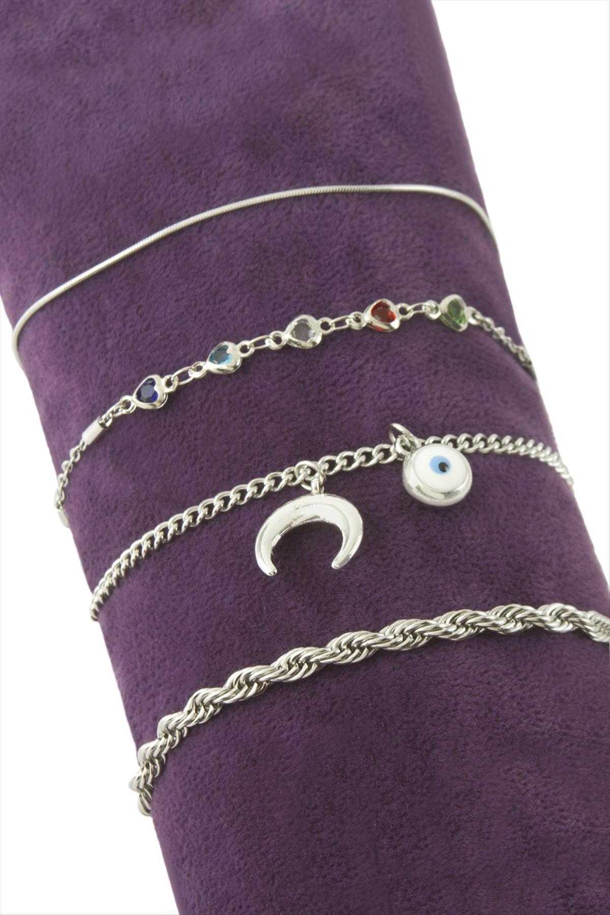 4 Adet Hilal Nazar Taşlı Zincir Bileklik