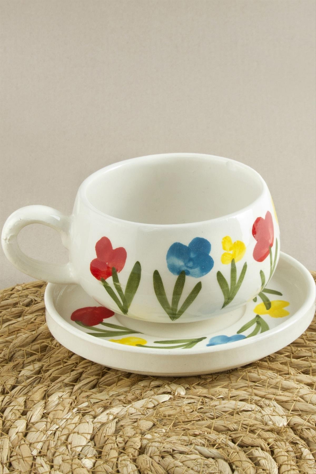 Çiçek Desenli Seramik Tabaklı Kupa