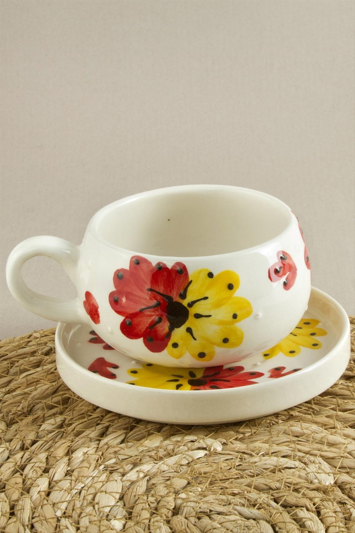 Çiçek Desenli Seramik Tabaklı Kupa