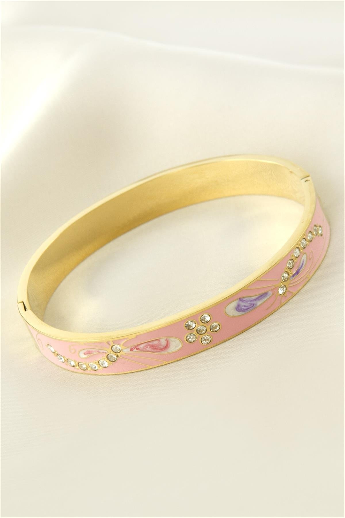 Çiçek Mineli Lüks Çelik Kelepçe Bileklik