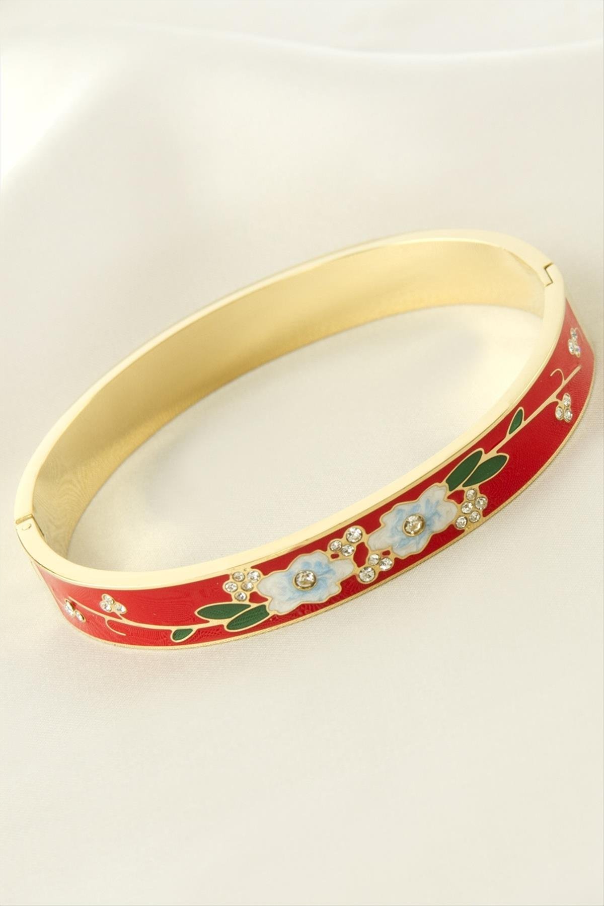 Çiçek Mineli Lüks Çelik Kelepçe Bileklik