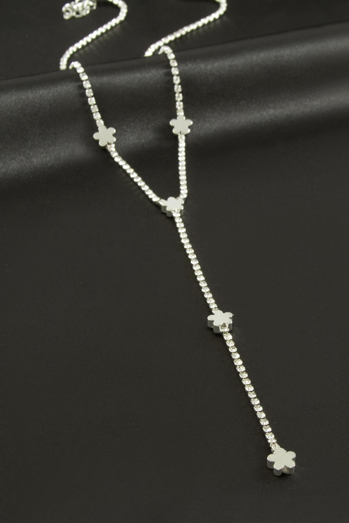 Çiçek Şerit Taşlı Çelik Y Kolye